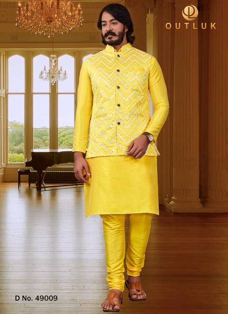 Yellow Art Silk Wedding Wear Kurta Pajama With Jacket Mens Collection 49009